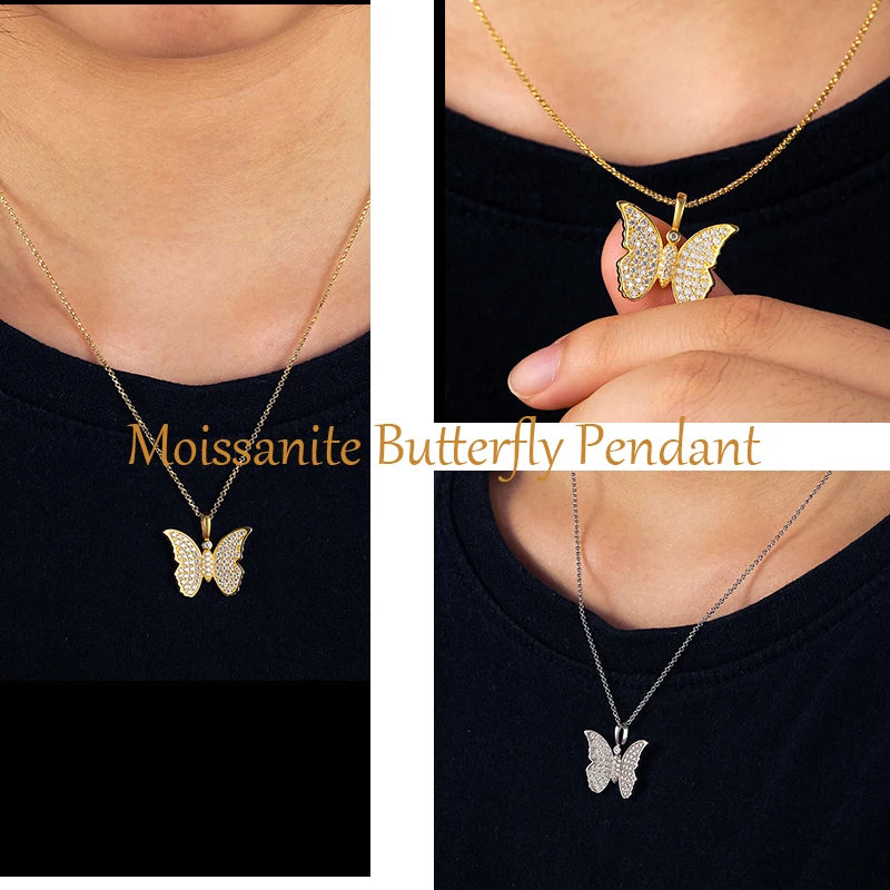 Real Moissanite Butterfly Pendant Necklace for Women 925 Sterling Silver