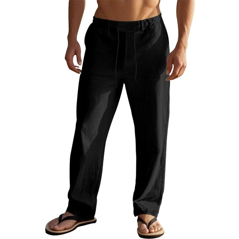 Men s Lightweight Drawstring Linen Pants with Pockets Comfortable Straight Leg Casual Trousers