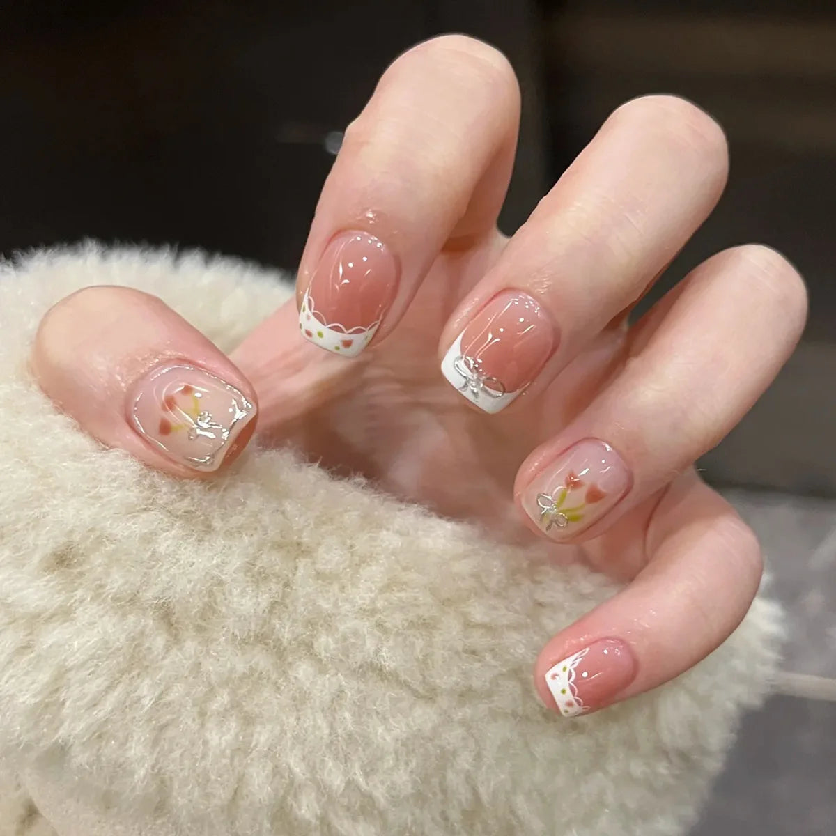 24Pcs Pink Cat Eye Press on Nails, Bowknot Heart, Short Square Fake Nails