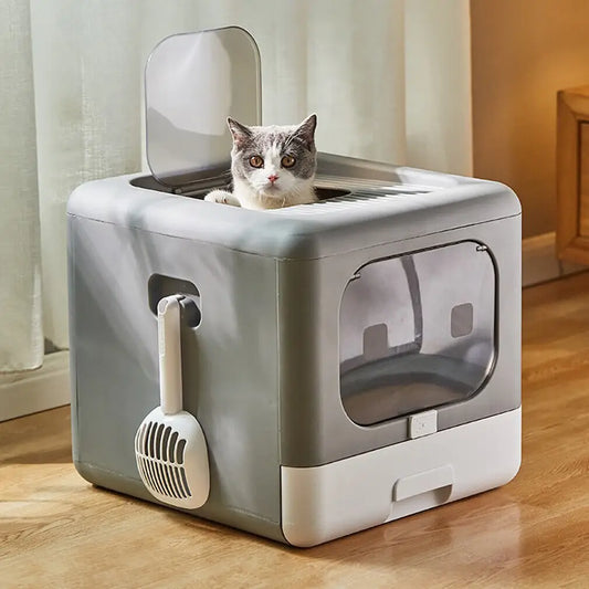 Cat Litter Box with Scoop and Tray Sifting Enclosed, Foldable Kitten Toilet, Detachable Poop Top and Front Entry.