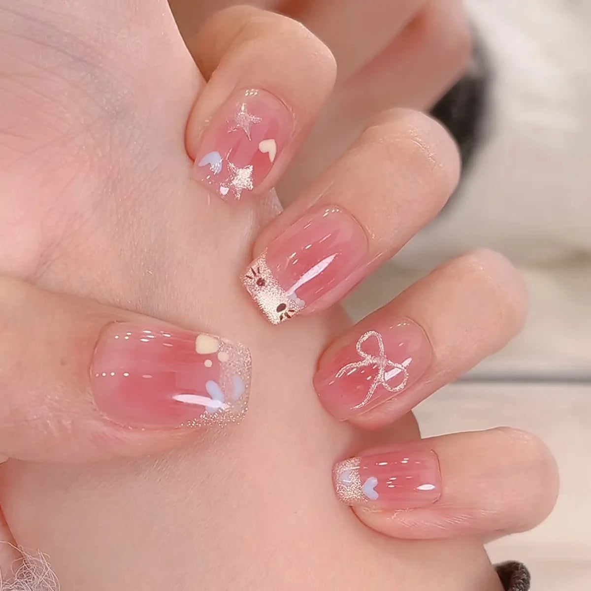 24Pcs Pink Cat Eye Press on Nails, Bowknot Heart, Short Square Fake Nails