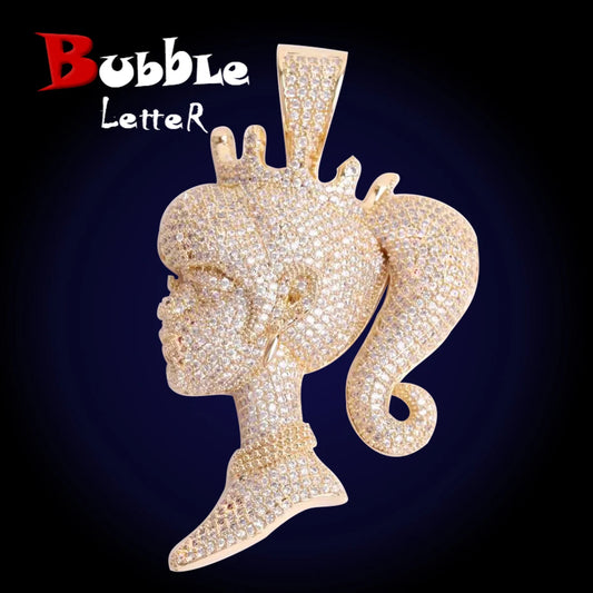 Bubble Letter Girl Head Shape Doll Queen Gold Plated Pendant