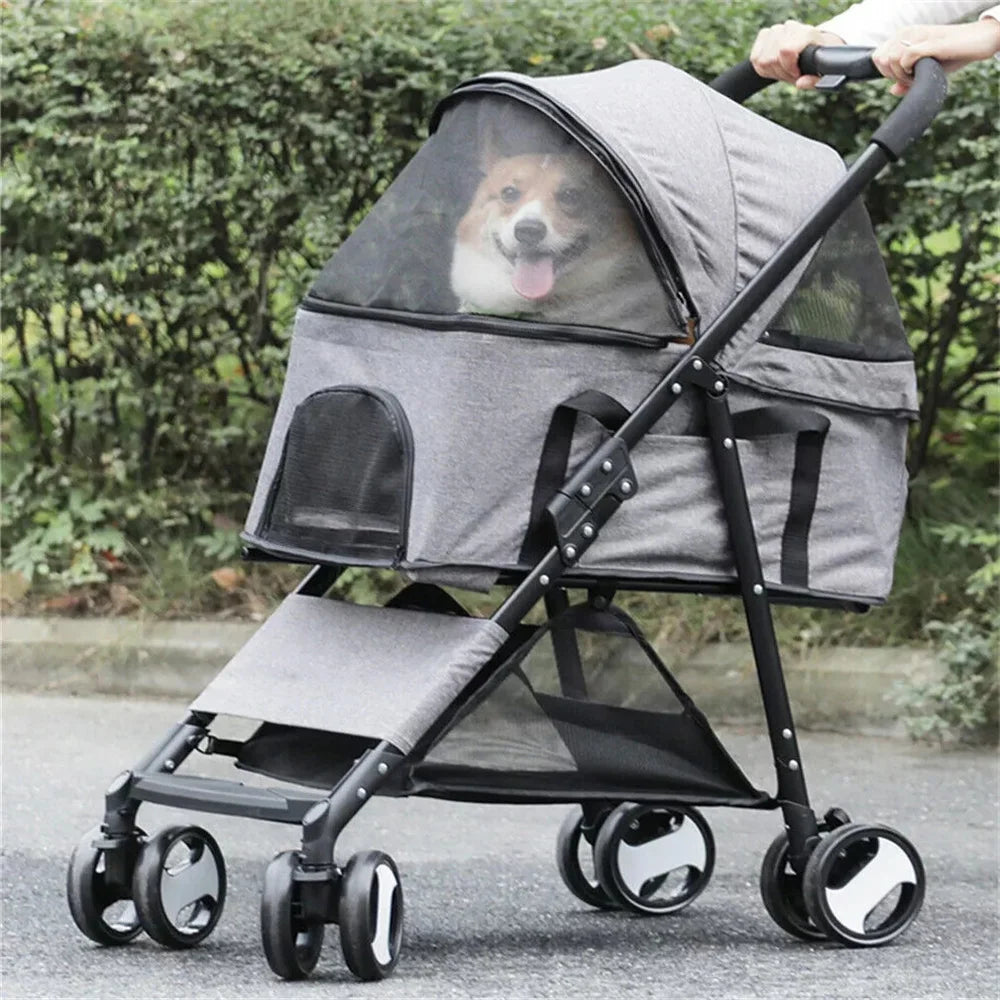 Pet Dog Stroller Foldable Travel Carrier Cart Cat/Dog Pushchair Jogger with 4 Wheels and Rain Cover