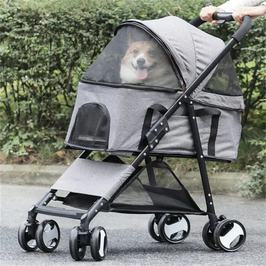 Pet Dog Stroller Foldable Travel Carrier Cart Cat/Dog Pushchair Jogger with 4 Wheels and Rain Cover
