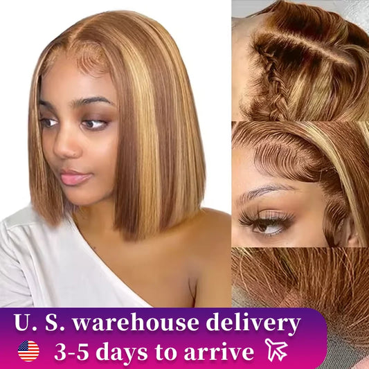 4/27 Highlight Bob Straight Lace Front Wig, Human Hair Ombre Brown, Frontal Bob Human Hair, Glueless wear to go