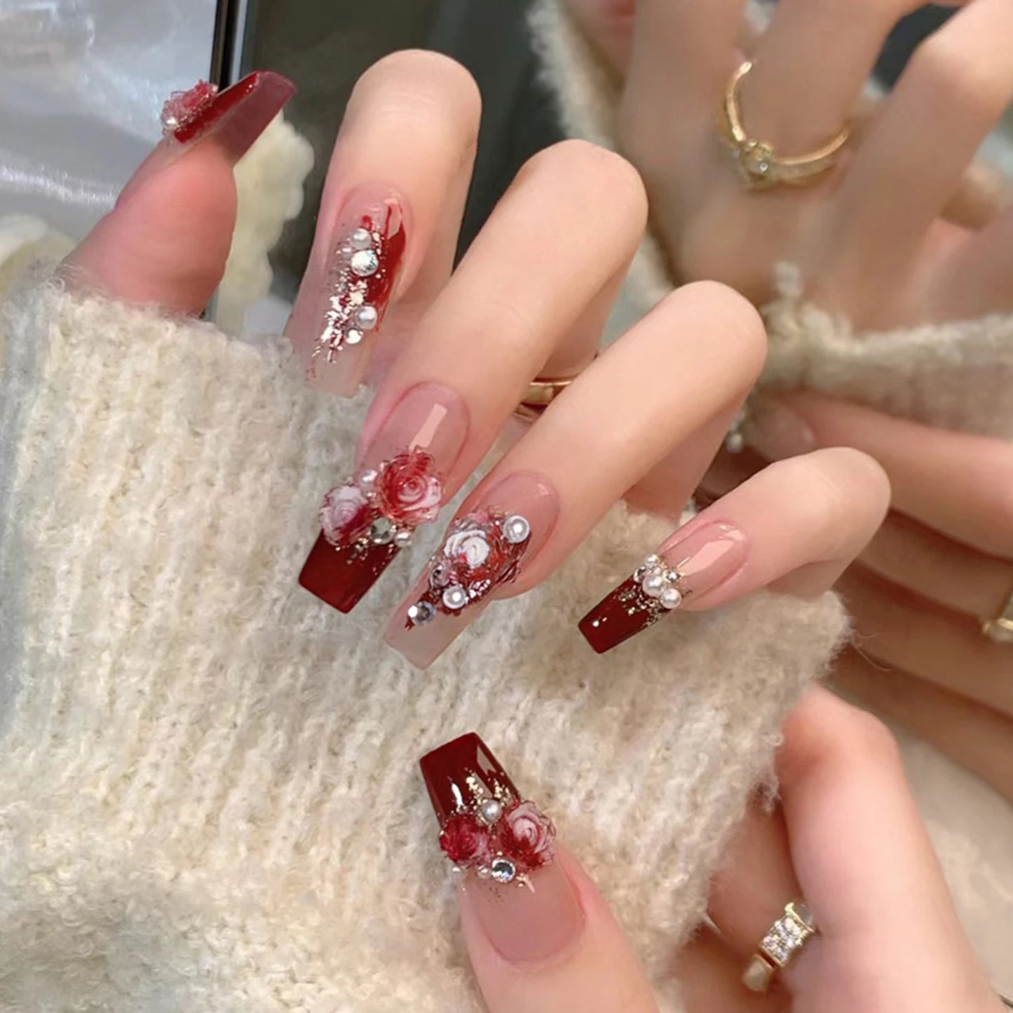 French False Nail for Women Coffin White Tips with Star Pattern