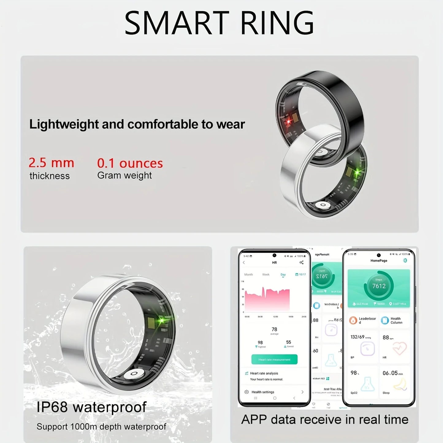 Smart ring, sleep tracking, motion monitoring, compatible with iPhone and Android, smart gift suitable for women and men