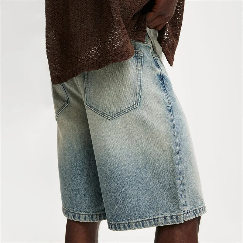 Men's Washed Denim Shorts with Relaxed Fit and High Waist