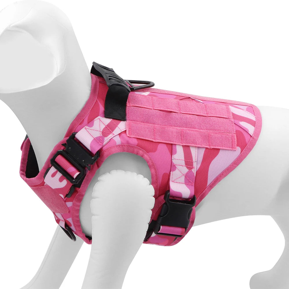 Military Pink Camouflage Dog Harness for Large/Medium Dogs, Harnesses Leash Adjustable, Pet German Shepherd Tactical Training Vest.