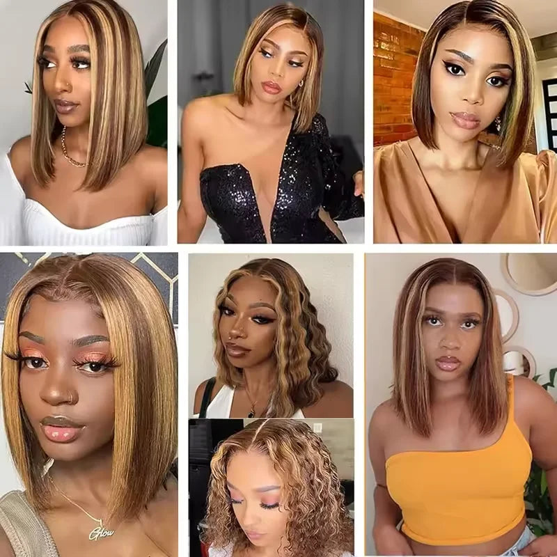 4/27 Highlight Bob Straight Lace Front Wig, Human Hair Ombre Brown, Frontal Bob Human Hair, Glueless wear to go