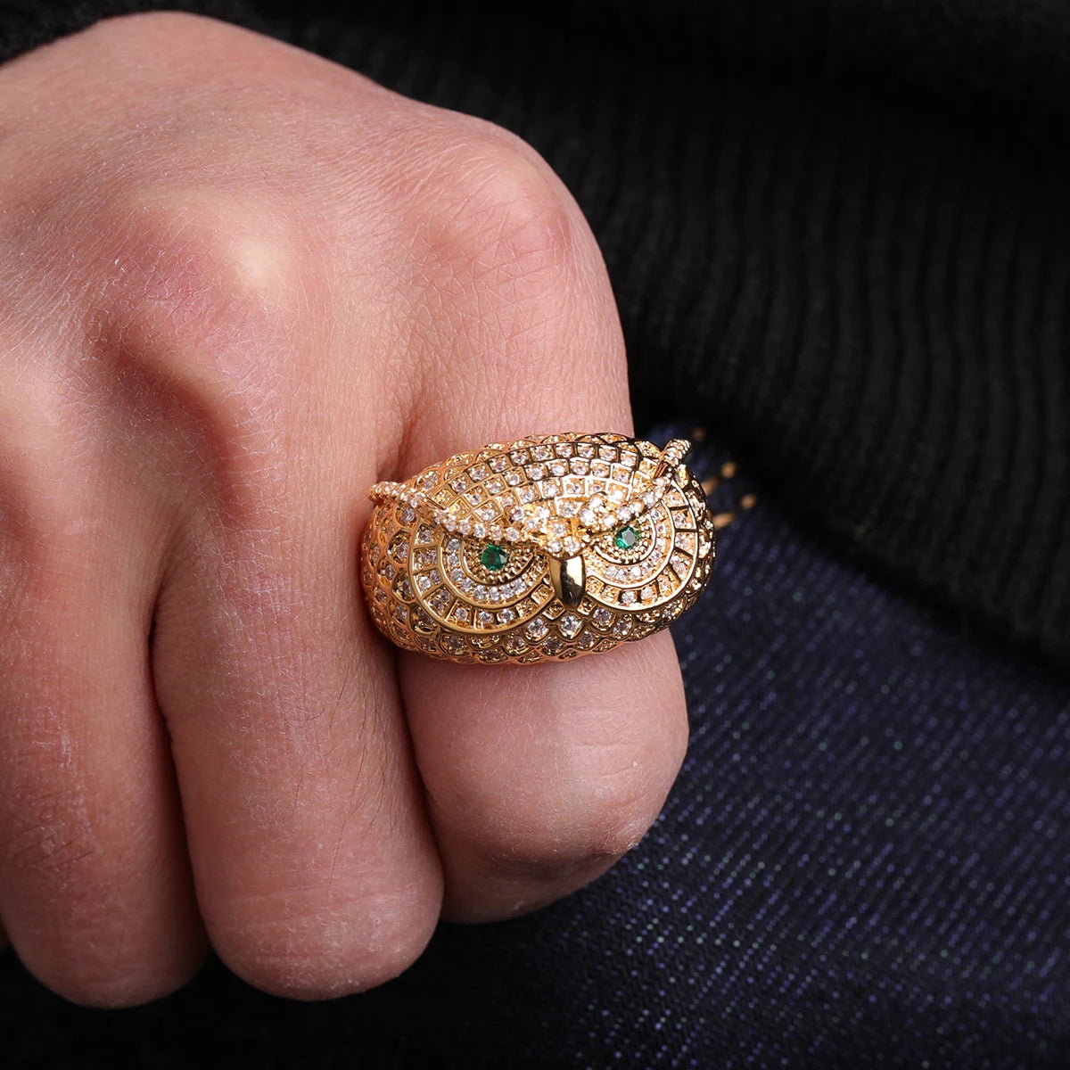 Bubble Letter Owl Iced Out Ring Men Real Gold-Plated Brass Cubic Zircon