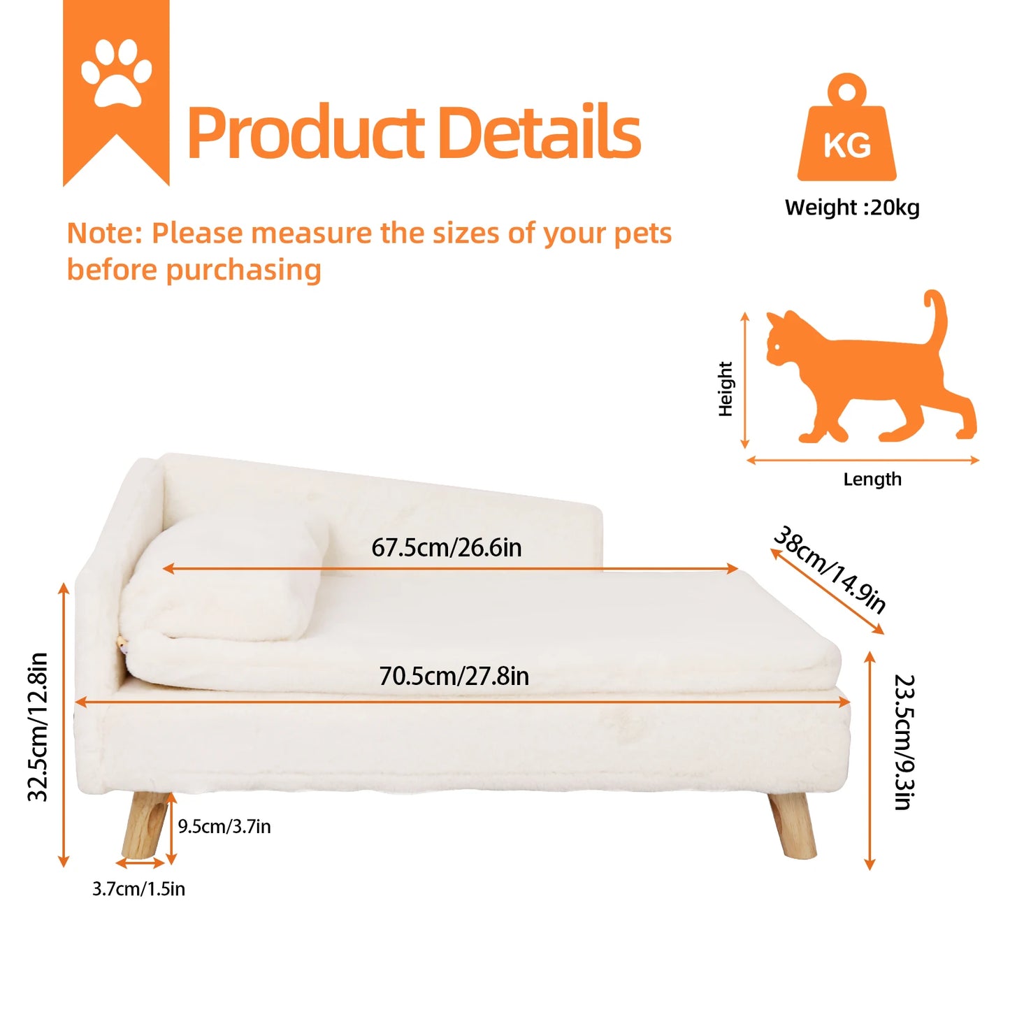 Elevated Pet Bed, Nordic Pet Stool Bed with Cozy Pad Waterproof, Pet Sofa Bed with Sturdy Wood Legs for Small Dogs and Kittens