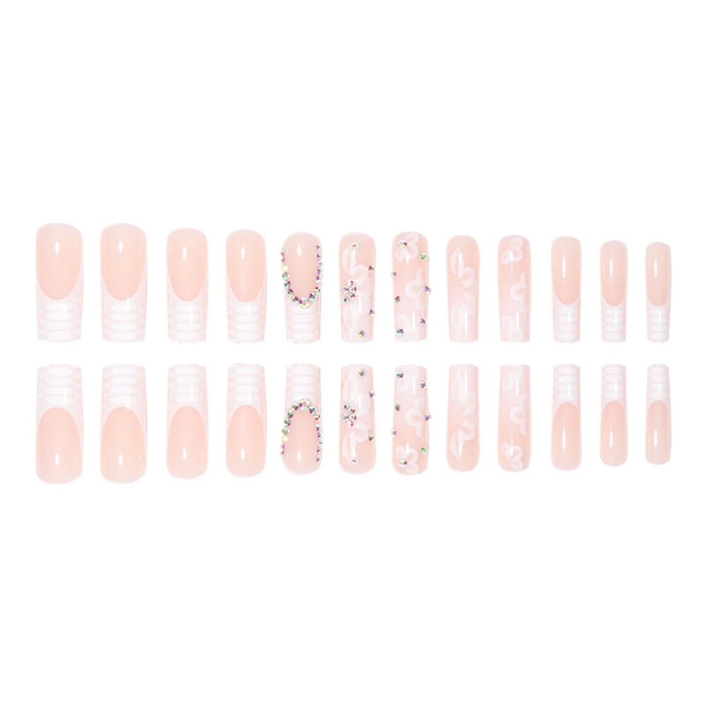 Rhinestone Embellished White Long Square UV Gel Nails