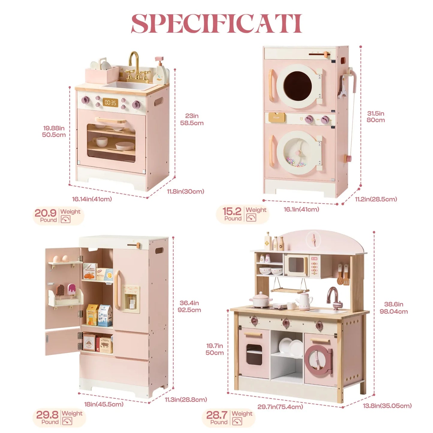 Robotime Robud Kids Corner Kitchen Playset, Wooden Play Kitchen Set with Realistic Sound for Boys and Girls, Pink