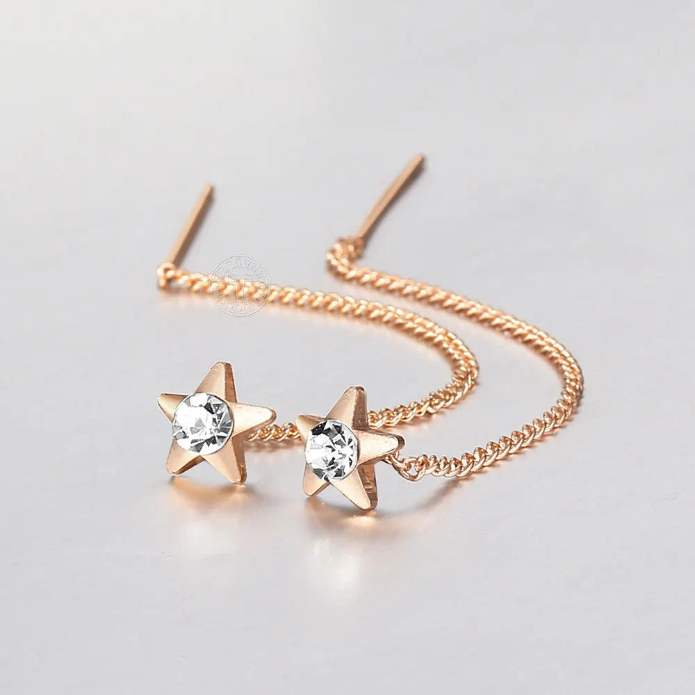 585 Rose Gold Color Long-Chain Drop Earrings for Women/Girls Star CZ DGE345