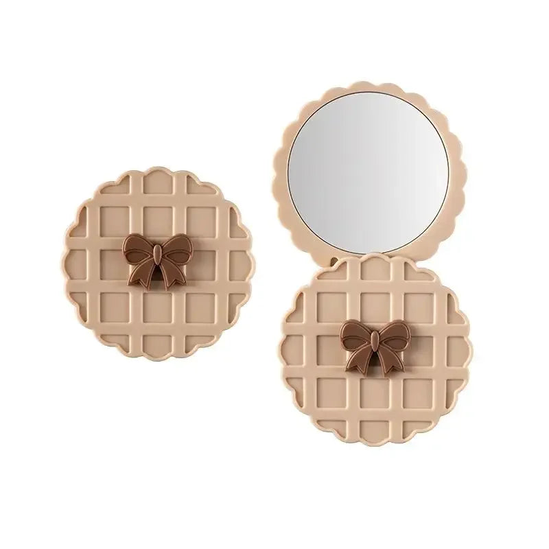 1PCS Waffle Shape Slide Double-Sided Makeup Mirror, Portable Compact Pocket Hand Personalized Beauty Cosmetic Mirror,