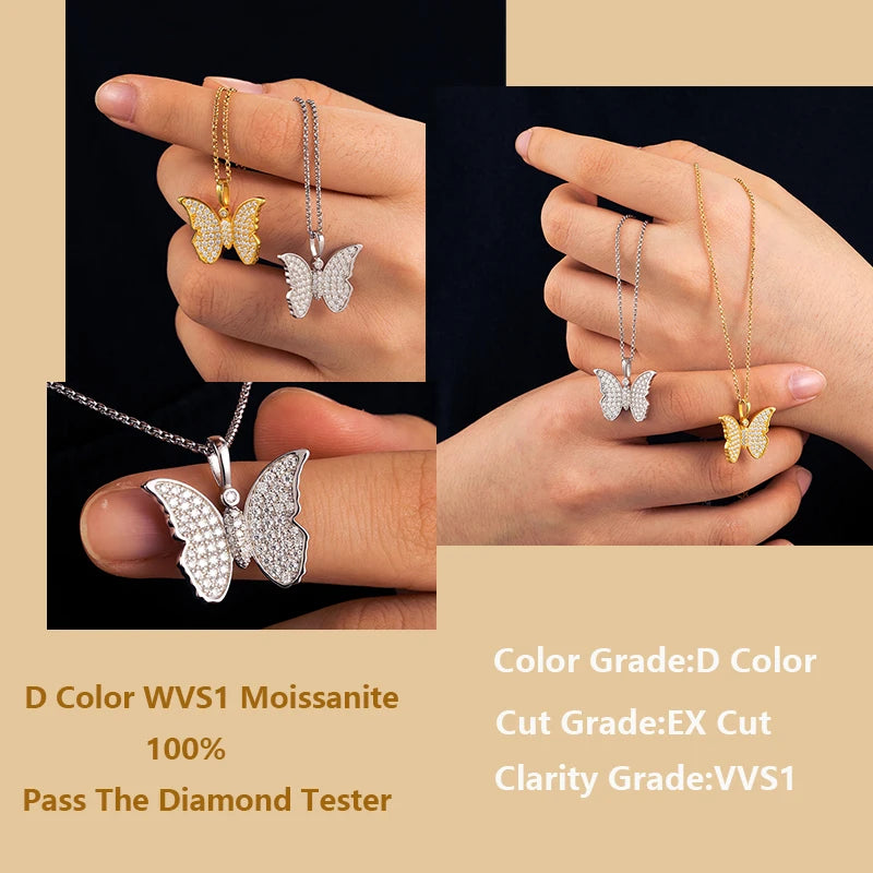 Real Moissanite Butterfly Pendant Necklace for Women 925 Sterling Silver