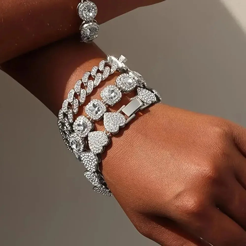 4 Piece Heart Shape Cuban Tenni Bracelet Set for Women -8.2 INCH