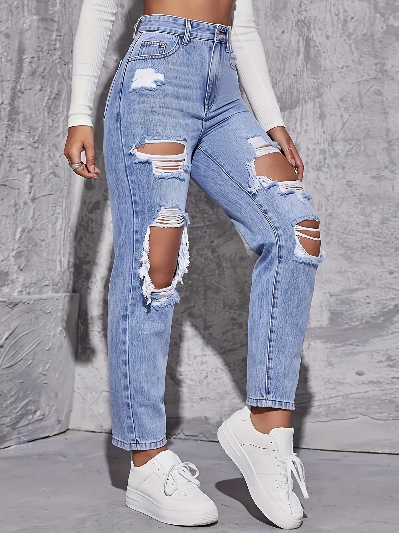 Women's New Denim Pants, High Waisted Straight Leg, Perforated, Casual Style, Fashionable and Versatile